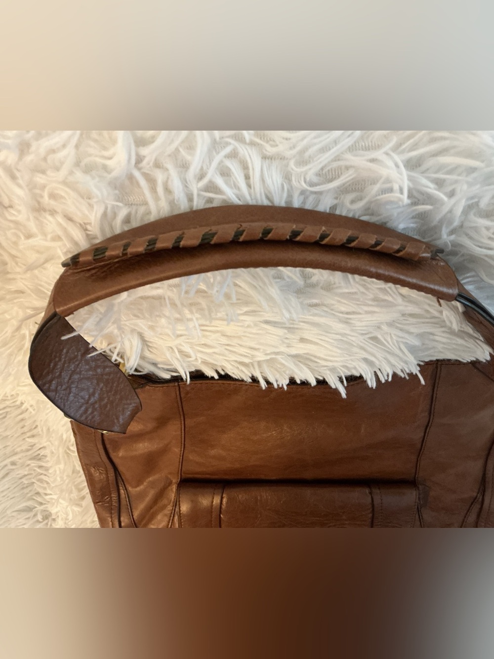 orYANY Brown Leather Large Shoulder Bag Gold Hardware Whipstitch Boho - Picture 6 of 12